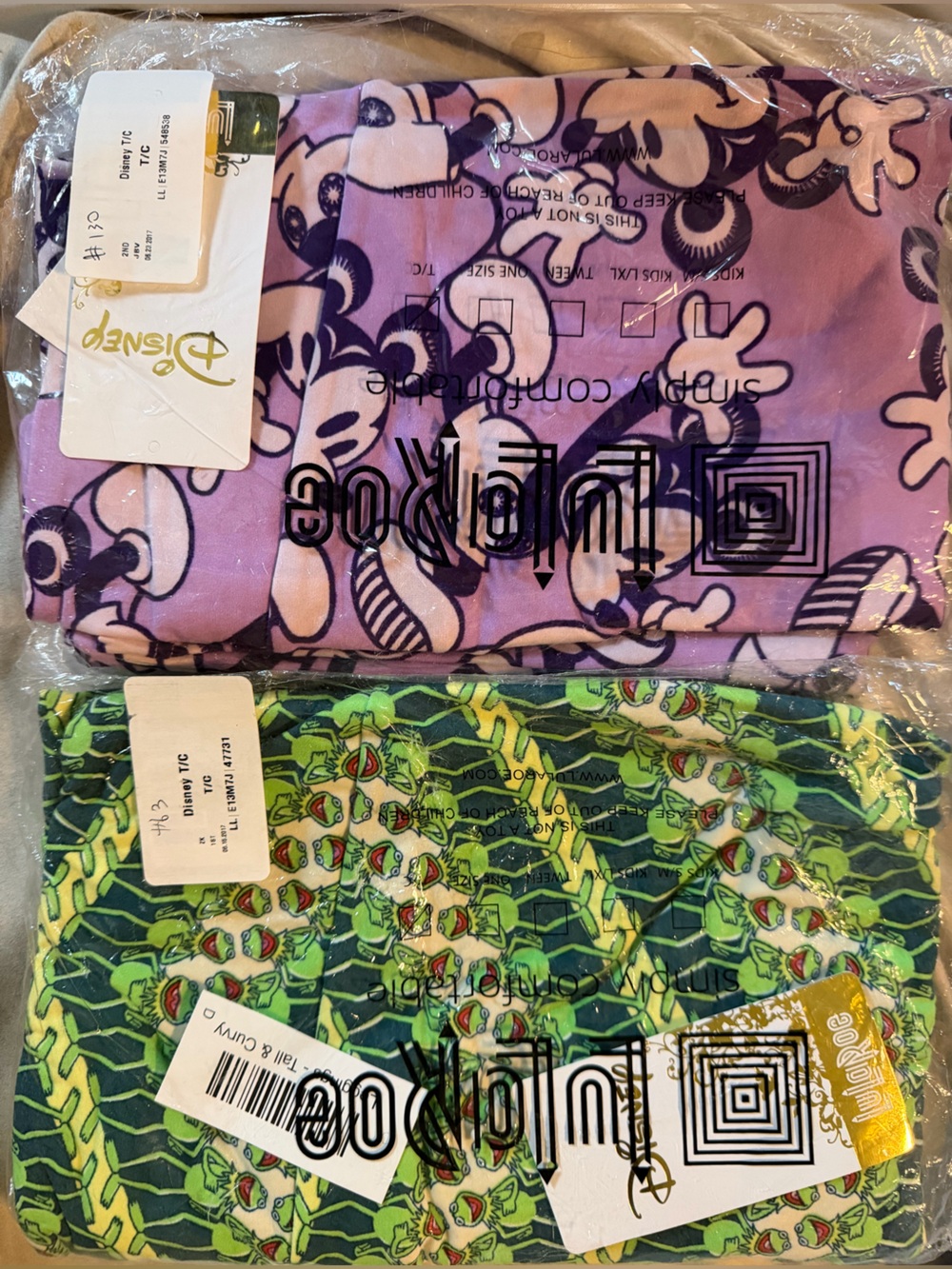 2- NWT LuLaRoe x Disney Mickey and Kermit Tall & Curvy Leggings. (16-22” waist)
